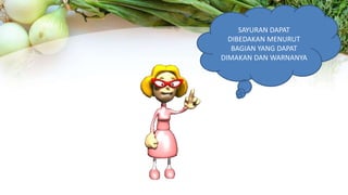 SAYURAN DAPAT
DIBEDAKAN MENURUT
BAGIAN YANG DAPAT
DIMAKAN DAN WARNANYA
 