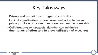 CTEK SUMMIT
2020
Key Takeaways
• Privacy and security are integral to each other
• Lack of coordination or poor communication between
privacy and security could increase cost and increase risk
• Collaborating on strategic planning can minimize
duplication of effort and improve utilization of resources
15
 