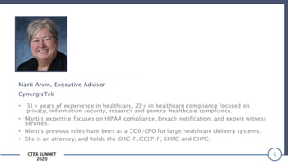 CTEK SUMMIT
2020
6
Marti Arvin, Executive Advisor
CynergisTek
• 31+ years of experience in healthcare, 22+ in healthcare compliance focused on
privacy, information security, research and general healthcare compliance.
• Marti’s expertise focuses on HIPAA compliance, breach notification, and expert witness
services.
• Marti’s previous roles have been as a CCO/CPO for large healthcare delivery systems.
• She is an attorney, and holds the CHC-F, CCEP-F, CHRC and CHPC.
 