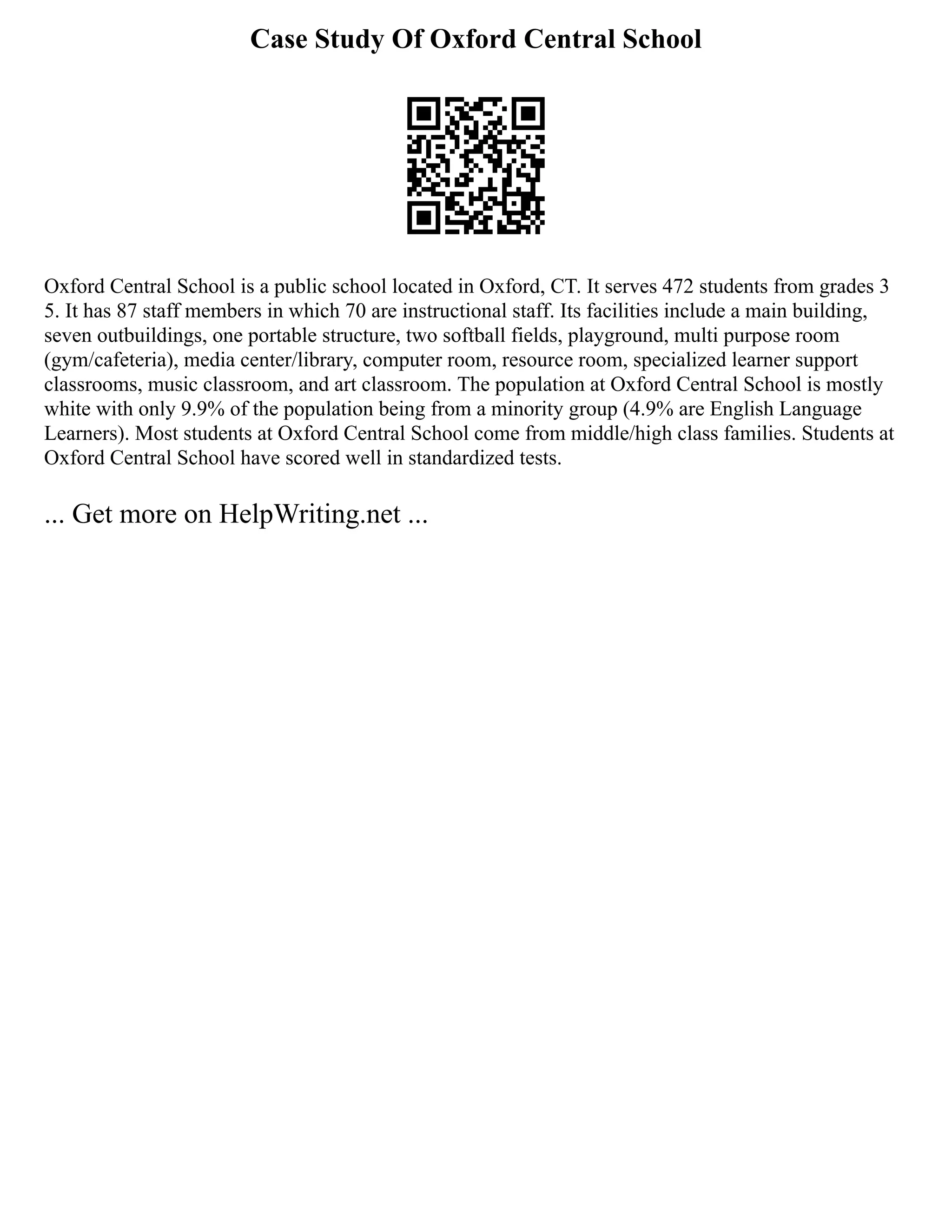 Case Study Of Oxford Central School
Oxford Central School is a public school located in Oxford, CT. It serves 472 students from grades 3
5. It has 87 staff members in which 70 are instructional staff. Its facilities include a main building,
seven outbuildings, one portable structure, two softball fields, playground, multi purpose room
(gym/cafeteria), media center/library, computer room, resource room, specialized learner support
classrooms, music classroom, and art classroom. The population at Oxford Central School is mostly
white with only 9.9% of the population being from a minority group (4.9% are English Language
Learners). Most students at Oxford Central School come from middle/high class families. Students at
Oxford Central School have scored well in standardized tests.
... Get more on HelpWriting.net ...
 