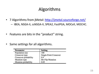 Algorithms
• 7 Algorithms from jMetal: http://jmetal.sourceforge.net/
– IBEA, NSGA-II, ssNSGA-II, SPEA2, FastPGA, MOCell, MOCHC.
19
• Features are bits in the “product” string.
• Same settings for all algorithms.
 