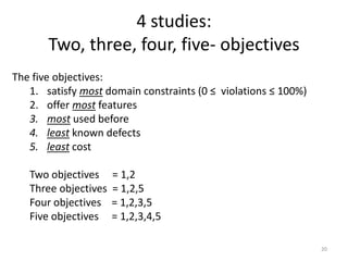 4 studies:
Two, three, four, five- objectives
20
The five objectives:
1. satisfy most domain constraints (0 ≤ violations ≤ 100%)
2. offer most features
3. most used before
4. least known defects
5. least cost
Two objectives = 1,2
Three objectives = 1,2,5
Four objectives = 1,2,3,5
Five objectives = 1,2,3,4,5
 