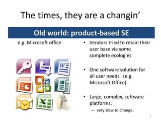 The times, they are a changin’
Old world: product-based SE
e.g. Microsoft office
6
• Vendors tried to retain their
user base via some
complete ecologies
• One software solution for
all user needs (e.g.
Microsoft Office).
• Large, complex, software
platforms,
– very slow to change.
 