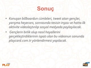 Sonuç
• Konuşan billboardun cümleleri, tweet atan gençler,
yarışma heyecanı, sonrasında tesisin inşası ve hatta ilk
aktivite videolaştırılıp sosyal medyada paylaşılacak.
• Gençlerin birlik olup nasıl hayallerini
gerçekleştirdiklerinin ispatı olan bu videonun sonunda
playcard.com.tr yönlendirmesi yapılacak.
 