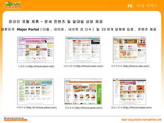 IV. 국내 서비스


   온라인 포털 제휴 – 운세 컨텐츠 및 일대일 상담 제공

대한민국 Major Portal ( 다음 , 네이버 , 네이트 외 다수 ) 및 20 여개 업체에 입점 , 컨텐츠 제공




       다음운세 (http://fortune.daum.net/)      네이버운세 (http://fortune.naver.com/)   네이트운세 (http://fortune.nate.com/)




      야후운세 (http://kr.fortune.yahoo.com/)    파란운세 (http://fortune.paran.com/)   엠파스운세 (http://fortune.empas.com/)




                                                                                         BEST SOLUTION FOR BETTER LIFE
 