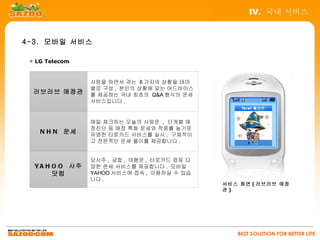 IV. 국내 서비스


4-3. 모바일 서비스

 ▣ LG Telecom


                 사랑을 하면서 겪는 6 가지의 상황을 테마
                 별로 구성 , 본인의 상황에 맞는 어드바이스
  러브러브 애정관       를 제공하는 국내 최초의 Q&A 형식의 운세
                 서비스입니다 .


                 매일 체크하는 오늘의 사랑운 , 단계별 애
                 정진단 등 애정 특화 운세와 적중률 높기로
    N H N 운세     유명한 타로카드 서비스를 실시 , 구체적이
                 고 전문적인 운세 풀이를 제공합니다 .


                 당사주 , 궁합 , 여행운 , 타로카드 점등 다
  Y A H O O 사주   양한 운세 서비스를 제공합니다 . 모바일
        닷컴       YAHOO 서비스에 접속 , 이용하실 수 있습
                 니다 .
                                              서비스 화면 ( 러브러브 애정
                                              관)




                                                 BEST SOLUTION FOR BETTER LIFE
 