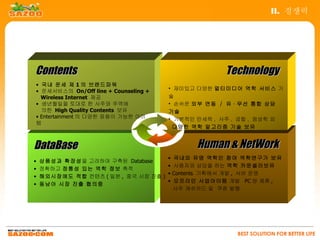 II. 경쟁력




Contents                                           Technology
• 국내 운세 제 1 의 브랜드파워
                                      • 재미있고 다양한 멀티미디어 역학 서비스 기
• 운세서비스의 On/Off line + Counseling +
  Wireless Internet 제공                술
• 생년월일을 토대로 한 사주와 주역에                 • 손쉬운 외부 연동 / 유 · 무선 통합 상담
  의한 High Quality Contents 보유         기술
• Entertainment 의 다양한 응용이 가능한 아이      • 기본적인 만세력 , 사주 , 궁합 , 점성학 외
템
                                       다양한 역학 알고리즘 기술 보유


DataBase                                     Human & NetWork
                                    • 국내외 유명 역학인 참여 역학연구가 보유
•   상품성과 확장성을 고려하여 구축된 Database
                                    • 사용자와 상담을 하는 역학 카운셀러보유
•   정확하고 정통성 있는 역학 정보 축적
                                    • Contents 기획에서 개발 , 서버 운영
•   해외시장에도 적합 컨텐츠 ( 일본 , 중국 시장 진출 )
                                    • 오프라인 사업아이템 개발 PC 방 제휴 ,
•   동남아 시장 진출 협의중
                                      사주 캐쉬카드 및 쿠폰 발행




                                                      BEST SOLUTION FOR BETTER LIFE
 