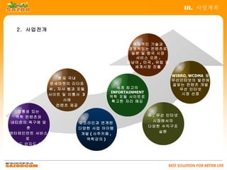 III. 사업계획


 2. 사업전개

                                        독자적인 기술과
                                       경쟁력있는 컨텐츠로
                                        일본 및 중국 시장
                                         서비스 오픈 .
                                      동남아 , 미국 , 유럽 등
                                         세계시장 진출

                                                        WIBRO, WCDMA 등
                 현재 국내
                                                        무선인터넷의 발전에
             운세마켓의 리더로                                  걸맞는 컨텐츠 개발
             써 , 자사 웹과 포털         세계 최고의                   무선 인터넷
                                INFORTAINMENT               시장 선점
             사이트 및 이통사 3
                                역학 포털 사이트로
                  사에             확고한 자리 매김
                컨텐츠 제공
   정통성 있는
  역학 컨텐츠와                                       유 , 무선 인터넷
네티즌의 욕구에 맞                                        시장에서의
                      오프라인과 연계된
     춘                                          다양한 수익구조
                      다양한 사업 아이템
                                                     실현
엔터테인먼트 서비스             개발 ( 사주카페 ,
     로                  역학강의 )
브랜드 인지도 극대
     화



                                                      BEST SOLUTION FOR BETTER LIFE
 