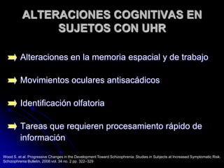 Alteraciones en la memoria espacial y de trabajoMovimientos oculares antisacádicosIdentificación olfatoriaTareas que requieren procesamiento rápido de informaciónALTERACIONES COGNITIVAS EN SUJETOS CON UHRWood S. et al. Progressive Changes in the Development Toward Schizophrenia: Studies in Subjects at Increased Symptomatic Risk. Schizophrenia Bulletin, 2008.vol. 34 no. 2 pp. 322–329 