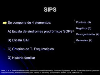 SIPSSe compone de 4 elementos:A) Escala de síndromes prodrómicos SOPSB) Escala GAFC) Criterios de T. Esquizotípico D) Historia familiarPositivos  (5)Negativos (6)Desorganización  (4)Generales  (4)Miller, T. et al. Prodromal Assessment With the Structured Interview for Prodromal Syndromes and the Scale of Prodromal Symptoms: Predictive Validity, Interrater Reliability, and Training to Reliability. Schizophrenia Bulletin, 2003. 29(4):703-715.