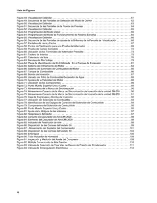 Lista de Figuras
10
Figura 48: Visualización Estándar . . . . . . . . . . . . . . . . . . . . . . . . . . . . . . . . . . . . . . . . . . . . . . . . . . . . . . . . . . . .61
Figura 49: Secuencia de las Pantallas de Selección del Modo de Dormir . . . . . . . . . . . . . . . . . . . . . . . . . . . . 62
Figura 50: Visualización Estándar . . . . . . . . . . . . . . . . . . . . . . . . . . . . . . . . . . . . . . . . . . . . . . . . . . . . . . . . . . . .63
Figura 51: Secuencia de las Pantallas de la Prueba de Previaje . . . . . . . . . . . . . . . . . . . . . . . . . . . . . . . . . . . 64
Figura 52: Visualización Estándar . . . . . . . . . . . . . . . . . . . . . . . . . . . . . . . . . . . . . . . . . . . . . . . . . . . . . . . . . . . .65
Figura 53: Programación del Modo Diesel . . . . . . . . . . . . . . . . . . . . . . . . . . . . . . . . . . . . . . . . . . . . . . . . . . . . .65
Figura 54: Programación del Modo de Funcionamiento de Reserva Eléctrica . . . . . . . . . . . . . . . . . . . . . . . . . .65
Figura 55: Visualización Estándar . . . . . . . . . . . . . . . . . . . . . . . . . . . . . . . . . . . . . . . . . . . . . . . . . . . . . . . . . . . .66
Figura 56: Secuencia de las Pantallas de Ajuste de la Brillantez de la Pantalla de Visualización . . . . . . . . . . .66
Figura 57: Pantallas de Hora y Fecha . . . . . . . . . . . . . . . . . . . . . . . . . . . . . . . . . . . . . . . . . . . . . . . . . . . . . . . . .67
Figura 58: Puntos de Verificación para una Prueba del Alternador . . . . . . . . . . . . . . . . . . . . . . . . . . . . . . . . . .69
Figura 59: Prueba de Campo Completo . . . . . . . . . . . . . . . . . . . . . . . . . . . . . . . . . . . . . . . . . . . . . . . . . . . . . . 72
Figura 60: Ubicación de los Terminales del Alternador Prestolite . . . . . . . . . . . . . . . . . . . . . . . . . . . . . . . . . . . .73
Figura 61: Tablero de Interfaz . . . . . . . . . . . . . . . . . . . . . . . . . . . . . . . . . . . . . . . . . . . . . . . . . . . . . . . . . . . . . . .75
Figura 62: Calentador del Aire . . . . . . . . . . . . . . . . . . . . . . . . . . . . . . . . . . . . . . . . . . . . . . . . . . . . . . . . . . . . . . .76
Figura 63: Bandeja de Alto Voltaje . . . . . . . . . . . . . . . . . . . . . . . . . . . . . . . . . . . . . . . . . . . . . . . . . . . . . . . . . . .78
Figura 64: Placa de Identificación del ELC Ubicada En el Tanque de Expansión . . . . . . . . . . . . . . . . . . . . . .81
Figura 65: Sistema de Enfriamiento del Motor . . . . . . . . . . . . . . . . . . . . . . . . . . . . . . . . . . . . . . . . . . . . . . . . . .83
Figura 66: Sistema de Suministro de Combustible del Motor . . . . . . . . . . . . . . . . . . . . . . . . . . . . . . . . . . . . . . .85
Figura 67: Tanque de Combustible . . . . . . . . . . . . . . . . . . . . . . . . . . . . . . . . . . . . . . . . . . . . . . . . . . . . . . . . . . .86
Figura 68: Bomba de Inyección . . . . . . . . . . . . . . . . . . . . . . . . . . . . . . . . . . . . . . . . . . . . . . . . . . . . . . . . . . . . . .87
Figura 69: Llenado del Filtro de Combustible/Separador de Agua . . . . . . . . . . . . . . . . . . . . . . . . . . . . . . . . . . .88
Figura 70: Ajustes de la Velocidad del Motor . . . . . . . . . . . . . . . . . . . . . . . . . . . . . . . . . . . . . . . . . . . . . . . . . . .88
Figura 71: Ubicación de los Componentes . . . . . . . . . . . . . . . . . . . . . . . . . . . . . . . . . . . . . . . . . . . . . . . . . . . . .89
Figura 72: Punto Muerto Superior Uno y Cuatro . . . . . . . . . . . . . . . . . . . . . . . . . . . . . . . . . . . . . . . . . . . . . . . . .89
Figura 73: Alineamiento de la Marca de Sincronización . . . . . . . . . . . . . . . . . . . . . . . . . . . . . . . . . . . . . . . . . . .90
Figura 74: Alineamiento Correcto de la Marca de Sincronización de Inyección de la unidad SB-210 . . . . . . . .90
Figura 75: Alineamiento Correcto de la Marca de Sincronización de Inyección de la unidad SB-310 . . . . . . . .91
Figura 76: Caja de Engranajes y Bomba de Inyección . . . . . . . . . . . . . . . . . . . . . . . . . . . . . . . . . . . . . . . . . . . .92
Figura 77: Ubicación del Solenoide de Combustible . . . . . . . . . . . . . . . . . . . . . . . . . . . . . . . . . . . . . . . . . . . . . .93
Figura 78: Identificación de las Espigas de Conexión del Solenoide de Combustible . . . . . . . . . . . . . . . . . . . . 94
Figura 79: Componentes del Solenoide de Combustible . . . . . . . . . . . . . . . . . . . . . . . . . . . . . . . . . . . . . . . . . .95
Figura 80: Punto Muerto Superior Uno y Cuatro . . . . . . . . . . . . . . . . . . . . . . . . . . . . . . . . . . . . . . . . . . . . . . . . .95
Figura 81: Ajuste de la Holgura de las Válvulas . . . . . . . . . . . . . . . . . . . . . . . . . . . . . . . . . . . . . . . . . . . . . . . . .97
Figura 82: Respiradero del Cárter . . . . . . . . . . . . . . . . . . . . . . . . . . . . . . . . . . . . . . . . . . . . . . . . . . . . . . . . . . . .97
Figura 83: Conjunto de Depurador de Aire EMI 3000 . . . . . . . . . . . . . . . . . . . . . . . . . . . . . . . . . . . . . . . . . . . . .98
Figura 84: Elemento del Depurador de Aire EMI 3000 . . . . . . . . . . . . . . . . . . . . . . . . . . . . . . . . . . . . . . . . . . . .98
Figura 85: Indicador de Restricción de Aire . . . . . . . . . . . . . . . . . . . . . . . . . . . . . . . . . . . . . . . . . . . . . . . . . . . .98
Figura 86: Disposición de las Correas del Modelo 30 . . . . . . . . . . . . . . . . . . . . . . . . . . . . . . . . . . . . . . . . . . . . .99
Figura 87: Alineamiento del Soplador del Condensador . . . . . . . . . . . . . . . . . . . . . . . . . . . . . . . . . . . . . . . . .101
Figura 88: Disposición de las Correas del Modelo 50 . . . . . . . . . . . . . . . . . . . . . . . . . . . . . . . . . . . . . . . . . . . .103
Figura 89: Embrague . . . . . . . . . . . . . . . . . . . . . . . . . . . . . . . . . . . . . . . . . . . . . . . . . . . . . . . . . . . . . . . . . . . . .105
Figura 90: Tubo Indicador de Humedad . . . . . . . . . . . . . . . . . . . . . . . . . . . . . . . . . . . . . . . . . . . . . . . . . . . . . .109
Figura 91: Inspección y Medición del Aceite del Compresor . . . . . . . . . . . . . . . . . . . . . . . . . . . . . . . . . . . . . . .109
Figura 92: Múltiple Cortacircuito de Alta Presión . . . . . . . . . . . . . . . . . . . . . . . . . . . . . . . . . . . . . . . . . . . . . . .110
Figura 93: Válvula de Retención de Tres Vías de Desvío de Presión del Condensador . . . . . . . . . . . . . . . . .111
Figura 94: Válvula de Estrangulación Electrónica . . . . . . . . . . . . . . . . . . . . . . . . . . . . . . . . . . . . . . . . . . . . . . .112
 