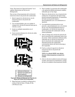 Mantenimiento del Sistema de Refrigeración
111
Véase “Revisión de la Tapa del Extremo” en el
capítulo Operaciones de Servicio de
Refrigeración.
Para revisar el funcionamiento de la válvula de
retención de desvío de presión del condensador:
1. Quite la tapa de la válvula de tres vías de
retención de desvío de presión del
condensador.
2. Con un destornillador, gire con cuidado el
vástago de la válvula de retención hasta que la
válvula se cierre.
3. Instale un múltiple manométrico en el
compresor.
4. Cierre (asiento delantero) la válvula de salida
del tanque receptor.
5. Haga funcionar la unidad en refrigeración y
evacúe el lado de baja a 20 pulg. de Hg
(-68 kPa) de vacío.
6. Pare la unidad. Las presiones del condensador
y de aspiración deberán permanecer estables,
indicando que no hay fugas.
7. Mueva la válvula de tres vías a la posición de
calefacción. El manómetro del lado de baja
presión aumentará ligeramente. El manómetro
del lado de alta presión bajará a
aproximadamente cero. Los manómetros se
igualarán.
8. Los manómetros permanecerán en esta
posición, aproximadamente cero, si la válvula
de tres vías sella apropiadamente hacia el
condensador y la válvula de retención de
desvío de presión del condensador sella de
manera apropiada.
9. Abra el vástago de la válvula de retención de
desvío de presión del condensador hasta el aro
de resorte. Ambos manómetros debieran subir,
indicando que la válvula de retención de
desvío de presión del condensador está
liberando presión del condensador
correctamente dentro del tubo de descarga y
del evaporador.
10. Vuelva a colocar la tapa de la válvula de
retención de desvío de presión del
condensador.
NOTA: La válvula DEBE estar abierta
durante el funcionamiento normal de la
unidad.
11. Abra la válvula de salida de retorno del tanque
receptor, desconecte los manómetros y ponga
de nuevo la unidad en funcionamiento normal.
1. Válvula de Retención
2.
Posición de Calefacción/
Descongelación
3. Posición de Refrigeración
Figura 93: Válvula de Retención de Tres Vías de
Desvío de Presión del Condensador
 