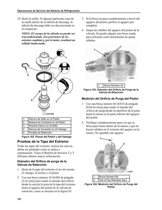 Operaciones de Servicio del Sistema de Refrigeración
124
10. Quite la rejilla. Si algunas partículas caen de
la rejilla dentro de la tubería de descarga, la
tubería de descarga debe ser desconectada en
el compresor.
NOTA: El cuerpo de la válvula no puede ser
reacondicionado. Las posiciones de los
asientos cambian y, por lo tanto, resultará un
sellado inadecuado.
Pruebas de la Tapa del Extremo
Todas las tapas del extremo, incluso las nuevas,
deben ser probadas como se indica a
continuación. Véase el Boletín de Servicio T y T
260 para obtener mayor información.
Diámetro del Orificio de purga de la
Válvula de Retención
1. Quite de la tapa del extremo el aro de resorte,
el vástago, el resorte y el pistón.
2. Use una broca número 43 (0,089 de pulgada
[2,26 mm]) para medir el tamaño del orificio
desde la cara de la junta de la tapa del extremo
hasta el agujero del pistón de la válvula de
retención, como se muestra en la figura 93.
3. Si la broca no pasa completamente a través del
agujero del pistón, perfore el agujero por
completo.
4. Saque las rebabas del agujero del pistón de la
válvula. Se puede adaptar una broca usada
para utilizarla como herramienta de quitar
rebabas.
Medición del Orificio de Purga del Pistón
1. Use una broca número 66 (0,033 de pulgada
[0,84 de mm]) para medir el tamaño del
orificio de purga desde la superficie de la junta
hasta la ranura en la parte inferior del agujero
del pistón.
2. Verifique cuidadosamente para ver que la
broca pase hasta dentro de la ranura y que no
hayan rebabas en el extremo del agujero en la
ranura. No agrande este agujero.
1. Ranura de Sello en el Pistón
2. Muesca de Conexión en el Pistón
3. Resorte Interno en el Sello
4. Ranura de Conexión en el Vástago
5. Presilla de Retención
Figura 102: Piezas del Pistón y del Vástago
2
5
4
3
1
AGA1066
1. Broca Número 43
Figura 103: Diámetro del Orificio de Purga de la
Válvula de Retención
1. Broca Número 66
2. Vea si Hay Rebabas Aquí
Figura 104: Medición del Orificio de Purga del
Pistón
1
1
2
 