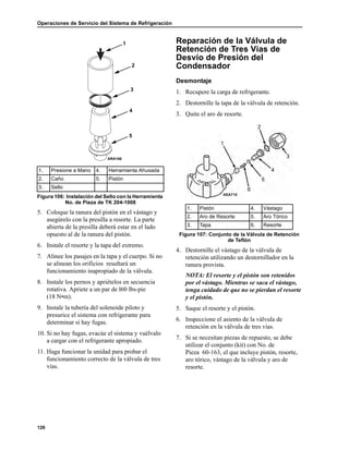 Operaciones de Servicio del Sistema de Refrigeración
126
5. Coloque la ranura del pistón en el vástago y
asegúrelo con la presilla a resorte. La parte
abierta de la presilla deberá estar en el lado
opuesto al de la ranura del pistón.
6. Instale el resorte y la tapa del extremo.
7. Alinee los pasajes en la tapa y el cuerpo. Si no
se alinean los orificios resultará un
funcionamiento inapropiado de la válvula.
8. Instale los pernos y apriételos en secuencia
rotativa. Apriete a un par de l60 lbs-pie
(18 N•m).
9. Instale la tubería del solenoide piloto y
presurice el sistema con refrigerante para
determinar si hay fugas.
10. Si no hay fugas, evacúe el sistema y vuélvalo
a cargar con el refrigerante apropiado.
11. Haga funcionar la unidad para probar el
funcionamiento correcto de la válvula de tres
vías.
Reparación de la Válvula de
Retención de Tres Vías de
Desvío de Presión del
Condensador
Desmontaje
1. Recupere la carga de refrigerante.
2. Destornille la tapa de la válvula de retención.
3. Quite el aro de resorte.
4. Destornille el vástago de la válvula de
retención utilizando un destornillador en la
ranura provista.
NOTA: El resorte y el pistón son retenidos
por el vástago. Mientras se saca el vástago,
tenga cuidado de que no se pierdan el resorte
y el pistón.
5. Saque el resorte y el pistón.
6. Inspeccione el asiento de la válvula de
retención en la válvula de tres vías.
7. Si se necesitan piezas de repuesto, se debe
utilizar el conjunto (kit) con No. de
Pieza 60-163, el que incluye pistón, resorte,
aro tórico, vástago de la válvula y aro de
resorte.
1. Presione a Mano 4. Herramienta Ahusada
2. Caño 5. Pistón
3. Sello
Figura 106: Instalación del Sello con la Herramienta
No. de Pieza de TK 204-1008
1
ARA166
2
3
4
5
1. Pistón 4. Vástago
2. Aro de Resorte 5. Aro Tórico
3. Tapa 6. Resorte
Figura 107: Conjunto de la Válvula de Retención
de Teflón
AEA715
 