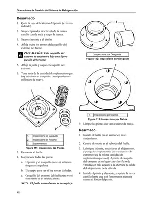 Operaciones de Servicio del Sistema de Refrigeración
132
Desarmado
1. Quite la tapa del extremo del pistón (extremo
redondo).
2. Saque el pasador de chaveta de la tuerca
castillo (castle nut), y saque la tuerca.
3. Saque el resorte y el pistón.
4. Afloje todos los pernos del casquillo del
extremo del fuelle.
5. Afloje la junta y saque el casquillo del
extremo.
6. Tome nota de la cantidad de suplementos que
hay próximos al casquillo. Estos pueden ser
utilizados de nuevo.
7. Desmonte el fuelle.
8. Inspeccione todas las piezas.
a. El pistón y el casquillo para ver si tienen
desgaste (rasguños).
b. El cuerpo para ver si hay roscas dañadas.
c. Casquillo del extremo del fuelle para ver si
tiene daño en el orificio piloto.
NOTA: El fuelle normalmente se reemplaza.
9. Limpie las piezas que van a usarse de nuevo.
Rearmado
1. Instale el fuelle con el aro tórico en el
alojamiento.
2. Centre el resorte en el reborde del fuelle.
3. Lubrique la junta, instálela en el alojamiento,
y ponga los suplementos en el casquillo del
extremo (use la misma cantidad de
suplementos que sacó). Apriete el casquillo
del extremo en su lugar con el orificio de
ventilación más cercano a la abertura de salida
del alojamiento de la válvula.
4. Instale el pistón y el resorte, y apriete la tuerca
castillo hasta que esté firmemente asentada
contra el fondo del pistón.
PRECAUCIÓN: Este casquillo del
extremo se encuentra bajo una ligera
presión del resorte.
1. Inspeccione el Casquillo
2. Inspeccione el Resorte
3. Suplementos
Figura 111: Inspeccione las Piezas
1. Inspeccione por Desgaste
Figura 112: Inspeccione por Desgaste
1. Inspeccione por Daños
Figura 113: Inspeccione por Daños
 