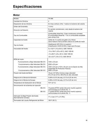 19
Especificaciones
Motor
Modelo TK 486
Cantidad de Cilindros 4
Disposición de los Cilindros En línea vertical, el No. 1 está en el extremo del volante
Orden del Encendido 1-3-4-2
Dirección de Rotación
En sentido contrahorario, visto desde el extremo del
volante
Tipo de Combustible
Combustible diesel No. 2 bajo condiciones normales
El combustible diesel No. 1 es un combustible aceptable
para climas fríos
Capacidad de Aceite Cárter de 13 cuartos de galón (12,3 litros)
Llene hasta la marca de lleno (full) en la varilla de medir
Tipo de Aceite
Clasificación API CG-4 (o superior)
(Clasificación ACEA E2-96 o mejor para Europa)
Viscosidad del Aceite 5 a 122 F (-15 a 50 C): SAE 15W-40
-13 a 104 F (-25 a 40 C): SAE 10W-40
-13 a 86 F (-25 a 30 C): SAE 10W-30
-22 a 32 F (-30 a 0 C): SAE 5W-30
RPM del motor:
Funcionamiento a Baja Velocidad SB-210
Funcionamiento a Alta Velocidad SB-210
Funcionamiento a Baja Velocidad SB-310
Funcionamiento a Alta Velocidad SB-310
1450 ± 25 rpm
2200 ± 25 rpm
1450 ± 25 rpm (1720 ± 25 rpm con la Opción de Alta
Capacidad de Productos Frescos)
2600 ± 25 rpm
Presión del Aceite del Motor 18 psi (127 kPa) mínima a baja velocidad
45 a 57 psi (310 a 390 kPa) en alta velocidad
Holgura de la Válvula de Admisión 0,006 a 0,010 de pulg. (0,15 a 0,25 de mm)
Holgura de la Válvula de Escape 0,006 a 0,010 de pulg. (0,15 a 0,25 de mm)
Temperatura de Graduación de la Válvula 70 F (21 C)
Sincronización de la Bomba de Inyección
SB-210
SB-310
10 grados BTDC (antes del punto muerto superior)
(sincronizada en el cilindro No. 1)
11 grados BTDC (antes del punto muerto superior)
(sincronizada en el cilindro No. 1)
Interruptor de Baja Presión del Aceite
(Normalmente Cerrado)
17 ± 3 psi (117 ± 21 kPa)
Termostato del Líquido Refrigerante del Motor 180 F (82 C)
 