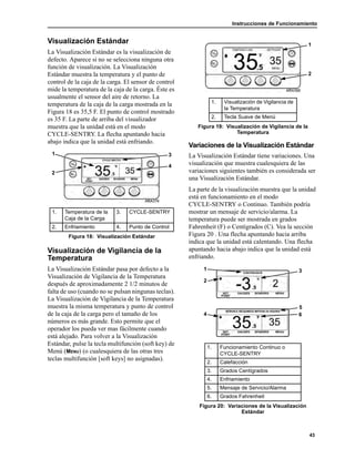 Instrucciones de Funcionamiento
43
Visualización Estándar
La Visualización Estándar es la visualización de
defecto. Aparece si no se selecciona ninguna otra
función de visualización. La Visualización
Estándar muestra la temperatura y el punto de
control de la caja de la carga. El sensor de control
mide la temperatura de la caja de la carga. Éste es
usualmente el sensor del aire de retorno. La
temperatura de la caja de la carga mostrada en la
Figura 18 es 35,5 F. El punto de control mostrado
es 35 F. La parte de arriba del visualizador
muestra que la unidad está en el modo
CYCLE-SENTRY. La flecha apuntando hacia
abajo indica que la unidad está enfriando.
Visualización de Vigilancia de la
Temperatura
La Visualización Estándar pasa por defecto a la
Visualización de Vigilancia de la Temperatura
después de aproximadamente 2 1/2 minutos de
falta de uso (cuando no se pulsan ningunas teclas).
La Visualización de Vigilancia de la Temperatura
muestra la misma temperatura y punto de control
de la caja de la carga pero el tamaño de los
números es más grande. Esto permite que el
operador los pueda ver mas fácilmente cuando
está alejado. Para volver a la Visualización
Estándar, pulse la tecla multifunción (soft key) de
Menú (MENU) (o cualesquiera de las otras tres
teclas multifunción [soft keys] no asignadas).
Variaciones de la Visualización Estándar
La Visualización Estándar tiene variaciones. Una
visualización que muestra cualesquiera de las
variaciones siguientes también es considerada ser
una Visualización Estándar.
La parte de la visualización muestra que la unidad
está en funcionamiento en el modo
CYCLE-SENTRY o Continuo. También podría
mostrar un mensaje de servicio/alarma. La
temperatura puede ser mostrada en grados
Fahrenheit (F) o Centígrados (C). Vea la sección
Figura 20 . Una flecha apuntando hacia arriba
indica que la unidad está calentando. Una flecha
apuntando hacia abajo indica que la unidad está
enfriando.
1. Temperatura de la
Caja de la Carga
3. CYCLE-SENTRY
2. Enfriamiento 4. Punto de Control
Figura 18: Visualización Estándar
1
4
3
2
1. Visualización de Vigilancia de
la Temperatura
2. Tecla Suave de Menú
Figura 19: Visualización de Vigilancia de la
Temperatura
1. Funcionamiento Continuo o
CYCLE-SENTRY
2. Calefacción
3. Grados Centígrados
4. Enfriamiento
5. Mensaje de Servicio/Alarma
6. Grados Fahrenheit
Figura 20: Variaciones de la Visualización
Estándar
1
2
3
2
1
5
64
 