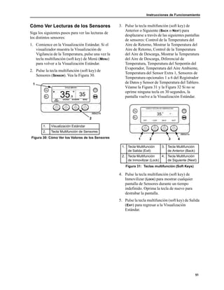 Instrucciones de Funcionamiento
51
Cómo Ver Lecturas de los Sensores
Siga los siguientes pasos para ver las lecturas de
los distintos sensores:
1. Comience en la Visualización Estándar. Si el
visualizador muestra la Visualización de
Vigilancia de la Temperatura, pulse una vez la
tecla multifunción (soft key) de Menú (MENU)
para volver a la Visualización Estándar.
2. Pulse la tecla multifunción (soft key) de
Sensores (SENSOR). Vea la Figura 30.
3. Pulse la tecla multifunción (soft key) de
Anterior o Siguiente (BACK o NEXT) para
desplazarse a través de las siguientes pantallas
de sensores: Control de la Temperatura del
Aire de Retorno, Mostrar la Temperatura del
Aire de Retorno, Control de la Temperatura
del Aire de Descarga, Mostrar la Temperatura
del Aire de Descarga, Diferencial de
Temperatura, Temperatura del Serpentín del
Evaporador, Temperatura del Aire Ambiente,
Temperatura del Sensor Extra 1, Sensores de
Temperatura opcionales 1 a 6 del Registrador
de Datos y Sensor de Temperatura del Tablero.
Véanse la Figura 31 y la Figura 32 Si no se
oprime ninguna tecla en 30 segundos, la
pantalla vuelve a la Visualización Estándar.
4. Pulse la tecla multifunción (soft key) de
Inmovilizar (LOCK) para mostrar cualquier
pantalla de Sensores durante un tiempo
indefinido. Oprima la tecla de nuevo para
destrabar la pantalla.
5. Pulse la tecla multifunción (soft key) de Salida
(EXIT) para regresar a la Visualización
Estándar.
1. Visualización Estándar
2. Tecla Multifunción de Sensores
Figura 30: Cómo Ver los Valores de los Sensores
1
2
1. Tecla Multifunción
de Salida (Exit)
3. Tecla Multifunción
de Anterior (Back)
2. Tecla Multifunción
de Inmovilizar (Lock)
4. Tecla Multifunción
de Siguiente (Next)
Figura 31: Teclas multifunción (Soft Keys)
4321
 