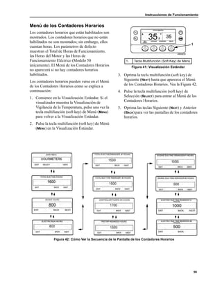 Instrucciones de Funcionamiento
59
Menú de los Contadores Horarios
Los contadores horarios que están habilitados son
mostrados. Los contadores horarios que no están
habilitados no son mostrados; sin embargo, ellos
cuentan horas. Los parámetros de defecto
muestran el Total de Horas de Funcionamiento,
las Horas del Motor y las Horas de
Funcionamiento Eléctrico (Modelo 50
únicamente). El Menú de los Contadores Horarios
no aparecerá si no hay contadores horarios
habilitados.
Los contadores horarios pueden verse en el Menú
de los Contadores Horarios como se explica a
continuación:
1. Comience en la Visualización Estándar. Si el
visualizador muestra la Visualización de
Vigilancia de la Temperatura, pulse una vez la
tecla multifunción (soft key) de Menú (MENU)
para volver a la Visualización Estándar.
2. Pulse la tecla multifunción (soft key) de Menú
(MENU) en la Visualización Estándar.
3. Oprima la tecla multifunción (soft key) de
Siguiente (NEXT) hasta que aparezca el Menú
de los Contadores Horarios. Vea la Figura 42.
4. Pulse la tecla multifunción (soft key) de
Selección (SELECT) para entrar al Menú de los
Contadores Horarios.
5. Oprima las teclas Siguiente (NEXT) y Anterior
(BACK) para ver las pantallas de los contadores
horarios.
Figura 42: Cómo Ver la Secuencia de la Pantalla de los Contadores Horarios
1. Tecla Multifunción (Soft Key) de Menú
Figura 41: Visualización Estándar
1
 