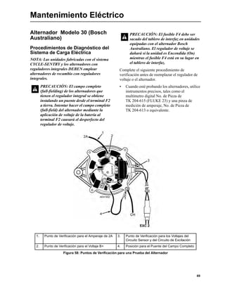 69
Mantenimiento Eléctrico
Alternador Modelo 30 (Bosch
Australiano)
Procedimientos de Diagnóstico del
Sistema de Carga Eléctrica
NOTA: Las unidades fabricadas con el sistema
CYCLE-SENTRY y los alternadores con
reguladores integrales DEBEN emplear
alternadores de recambio con reguladores
integrales.
Complete el siguiente procedimiento de
verificación antes de reemplazar el regulador de
voltaje o el alternador.
• Cuando esté probando los alternadores, utilice
instrumentos precisos, tales como el
multímetro digital No. de Pieza de
TK 204-615 (FLUKE 23) y una pinza de
medición de amperaje, No. de Pieza de
TK 204-613 o equivalente.
PRECAUCIÓN: El campo completo
(full-fielding) de los alternadores que
tienen el regulador integral se obtiene
instalando un puente desde el terminal F2
a tierra. Intentar hacer el campo completo
(full-field) del alternador mediante la
aplicación de voltaje de la batería al
terminal F2 causará el desperfecto del
regulador de voltaje.
PRECAUCIÓN: El fusible F4 debe ser
sacado del tablero de interfaz en unidades
equipadas con el alternador Bosch
Australiano. El regulador de voltaje se
dañará si la unidad es Encendida (On)
mientras el fusible F4 está en su lugar en
el tablero de interfaz.
1. Punto de Verificación para el Amperaje de 2A 3. Punto de Verificación para los Voltajes del
Circuito Sensor y del Circuito de Excitación
2. Punto de Verificación para el Voltaje B+ 4. Posición para el Puente del Campo Completo
Figura 58: Puntos de Verificación para una Prueba del Alternador
 