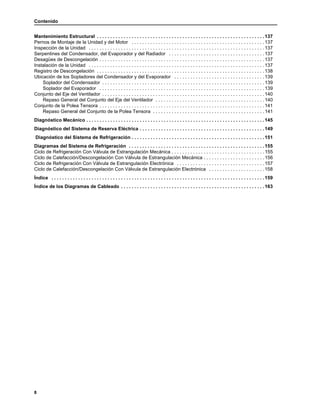 Contenido
8
Mantenimiento Estructural . . . . . . . . . . . . . . . . . . . . . . . . . . . . . . . . . . . . . . . . . . . . . . . . . . . . . . . . . . . . . . .137
Pernos de Montaje de la Unidad y del Motor . . . . . . . . . . . . . . . . . . . . . . . . . . . . . . . . . . . . . . . . . . . . . . . . . .137
Inspección de la Unidad . . . . . . . . . . . . . . . . . . . . . . . . . . . . . . . . . . . . . . . . . . . . . . . . . . . . . . . . . . . . . . . . . .137
Serpentines del Condensador, del Evaporador y del Radiador . . . . . . . . . . . . . . . . . . . . . . . . . . . . . . . . . . . .137
Desagües de Descongelación . . . . . . . . . . . . . . . . . . . . . . . . . . . . . . . . . . . . . . . . . . . . . . . . . . . . . . . . . . . . . .137
Instalación de la Unidad . . . . . . . . . . . . . . . . . . . . . . . . . . . . . . . . . . . . . . . . . . . . . . . . . . . . . . . . . . . . . . . . . .137
Registro de Descongelación . . . . . . . . . . . . . . . . . . . . . . . . . . . . . . . . . . . . . . . . . . . . . . . . . . . . . . . . . . . . . . .138
Ubicación de los Sopladores del Condensador y del Evaporador . . . . . . . . . . . . . . . . . . . . . . . . . . . . . . . . . .139
Soplador del Condensador . . . . . . . . . . . . . . . . . . . . . . . . . . . . . . . . . . . . . . . . . . . . . . . . . . . . . . . . . . . . .139
Soplador del Evaporador . . . . . . . . . . . . . . . . . . . . . . . . . . . . . . . . . . . . . . . . . . . . . . . . . . . . . . . . . . . . . .139
Conjunto del Eje del Ventilador . . . . . . . . . . . . . . . . . . . . . . . . . . . . . . . . . . . . . . . . . . . . . . . . . . . . . . . . . . . . .140
Repaso General del Conjunto del Eje del Ventilador . . . . . . . . . . . . . . . . . . . . . . . . . . . . . . . . . . . . . . . . .140
Conjunto de la Polea Tensora . . . . . . . . . . . . . . . . . . . . . . . . . . . . . . . . . . . . . . . . . . . . . . . . . . . . . . . . . . . . . .141
Repaso General del Conjunto de la Polea Tensora . . . . . . . . . . . . . . . . . . . . . . . . . . . . . . . . . . . . . . . . . .141
Diagnóstico Mecánico . . . . . . . . . . . . . . . . . . . . . . . . . . . . . . . . . . . . . . . . . . . . . . . . . . . . . . . . . . . . . . . . . . .145
Diagnóstico del Sistema de Reserva Eléctrica . . . . . . . . . . . . . . . . . . . . . . . . . . . . . . . . . . . . . . . . . . . . . . .149
Diagnóstico del Sistema de Refrigeración . . . . . . . . . . . . . . . . . . . . . . . . . . . . . . . . . . . . . . . . . . . . . . . . . .151
Diagramas del Sistema de Refrigeración . . . . . . . . . . . . . . . . . . . . . . . . . . . . . . . . . . . . . . . . . . . . . . . . . . .155
Ciclo de Refrigeración Con Válvula de Estrangulación Mecánica . . . . . . . . . . . . . . . . . . . . . . . . . . . . . . . . . . .155
Ciclo de Calefacción/Descongelación Con Válvula de Estrangulación Mecánica . . . . . . . . . . . . . . . . . . . . . . .156
Ciclo de Refrigeración Con Válvula de Estrangulación Electrónica . . . . . . . . . . . . . . . . . . . . . . . . . . . . . . . . .157
Ciclo de Calefacción/Descongelación Con Válvula de Estrangulación Electrónica . . . . . . . . . . . . . . . . . . . . .158
Índice . . . . . . . . . . . . . . . . . . . . . . . . . . . . . . . . . . . . . . . . . . . . . . . . . . . . . . . . . . . . . . . . . . . . . . . . . . . . . . . .159
Índice de los Diagramas de Cableado . . . . . . . . . . . . . . . . . . . . . . . . . . . . . . . . . . . . . . . . . . . . . . . . . . . . . .163
 