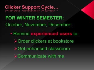 FOR WINTER SEMESTER:
October, November, December:
• Remind experienced users to:
Order clickers at bookstore
Get enhanced classroom
Communicate with me
 