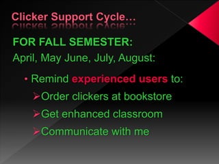 FOR FALL SEMESTER:
April, May June, July, August:
• Remind experienced users to:
Order clickers at bookstore
Get enhanced classroom
Communicate with me
 