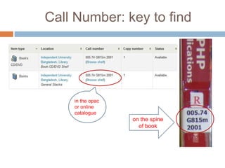 Call Number: key to find
on the spine
of book
in the opac
or online
catalogue
 