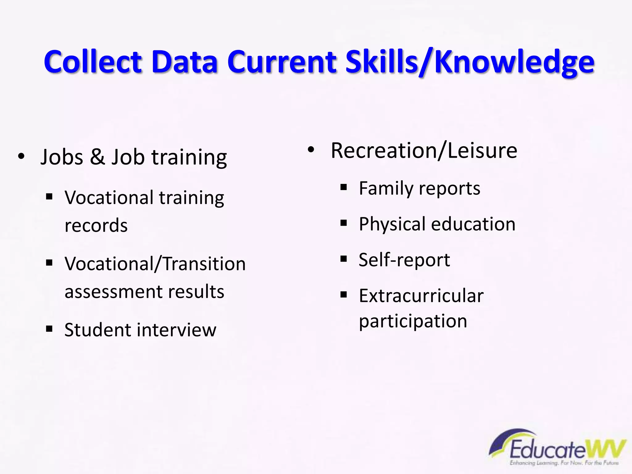 • Recreation/Leisure
 Family reports
 Physical education
 Self-report
 Extracurricular
participation
• Jobs & Job training
 Vocational training
records
 Vocational/Transition
assessment results
 Student interview
Collect Data Current Skills/Knowledge
 