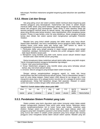 kekurangan. Pemilihan mekanisme sangatlah tergantung pada kebutuhan dan spesifikasi
     sistem.

5.5.2. Akses List dan Group
         Hal yang paling umum dari sistem proteksi adalah membuat akses tergantung pada
     identitas pengguna yang bersangkutan. Implementasi dari akses ini adalah dengan
     membuat daftar akses yang berisi keterangan setiap pengguna dan keterangan akses
     berkas dari pengguna yang bersangkutan. Daftar akses ini akan diperiksa setiap kali
     seorang pengguna meminta akses ke sebuah berkas. Jika pengguna tersebut memiliki
     akses yang diminta pada berkas tersebut, maka diperbolehkan untuk mengakses berkas
     tersebut. Proses ini juga berlaku untuk hal yang sebaliknya. Akses pengguna terhadap
     berkas akan ditolak, dan sistem operasi akan mengeluarkan peringatan Protection
     Violation.

          Masalah baru yang timbul adalah panjang dari daftar akses yang harus dibuat.
     Seperti telah disebutkan, kita harus mendaftarkan semua pengguna dalam daftar akses
     tersebut hanya untuk akses pada satu berkas saja. Oleh karena itu, teknik ini
     mengakibatkan 2 konsekuensi yang tidak dapat dihindarkan:
     1. Pembuatan daftar yang sangat panjang ini dapat menjadi pekerjaan yang sangat
       melelahkan sekaligus membosankan, terutama jika jumlah pengguna dalam sistem
       tidak dapat diketahui secara pasti.
     2. Manajemen ruang harddisk yang lebih rumit, karena ukuran sebuah direktori dapat
          berubah-ubah, tidak memiliki ukuran yang tetap.

         Kedua konsekuensi diatas melahirkan sebuah teknik daftar akses yang lebih singkat.
     Teknik inimengelompokkan pengguna berdasarkan tiga kategori:
     1. Owner: User yang membuat berkas.
     2. Group: Sekelompok pengguna yang memiliki akses yang sama terhadap sebuah
       berkas, atau men-share sebuah berkas.
     3. Universe: Seluruh pengguna yang terdapat dalam sistem komputer.

         Dengan adanya pengelompokkan pengguna seperti ini, maka kita hanya
     membutuhkan tiga field untukmelindungi sebuah berkas. Field ini diasosiasikan dengan 3
     buah bit untuk setiap kategori. Dalam sistem UNIX dikenal bit rwx dengan bit r untuk
     mengontrol akses baca, bit w sebagai kontrol menulis dan bit x sebagai bit kontrol untuk
     pengeksekusian. Setiap field dipisahkan dengan field separator. Dibawah ini adalah
     contoh dari sistem proteksi dengan daftar akses pada sistem UNIX.

     Tabel 5-2. Contoh sistem daftar akses pada UNIX
     drwx       rwx        rwx      1     pbg        staff      512       Apr16        bekas.txt
                                                                          22.25
    owner      group    universe          group     owner      ukuran     waktu     Nama berkas


5.5.3. Pendekatan Sistem Proteksi yang Lain
         Sistem proteksi yang lazim digunakan pada sistem komputer selain diatas adalah
     dengan menggunakan password (kata sandi) pada setiap berkas. Beberapa sistem
     operasi mengimplementasikan hal ini bukan hanya pada berkas, melainkan pada
     direktori. Dengan sistem ini, sebuah berkas tidak akan dapat diakses selain oleh
     pengguna yang telah mengetahui password untuk berkas tersebut. Akan tetapi, masalah
     yang muncul dari sistem ini adalah jumlah password yang harus diingat oleh seorang
     pengguna untuk mengakses berkas dalam sebuah sistem operasi. Masalah yang lain



  Bab 5 Sistem Berkas                                                                     11
 