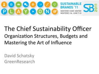 The	
  Chief	
  Sustainability	
  Oﬃcer	
  
Organiza7on	
  Structures,	
  Budgets	
  and	
  
Mastering	
  the	
  Art	
  of	
  Inﬂuence
                                      	
  




David	
  Schatsky	
  	
  
GreenResearch	
  
 