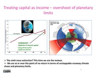 Treating capital as income – overshoot of planetary limitsLiving off the earth’s capital not interest The sixth mass extinction? This time we are the meteor. 