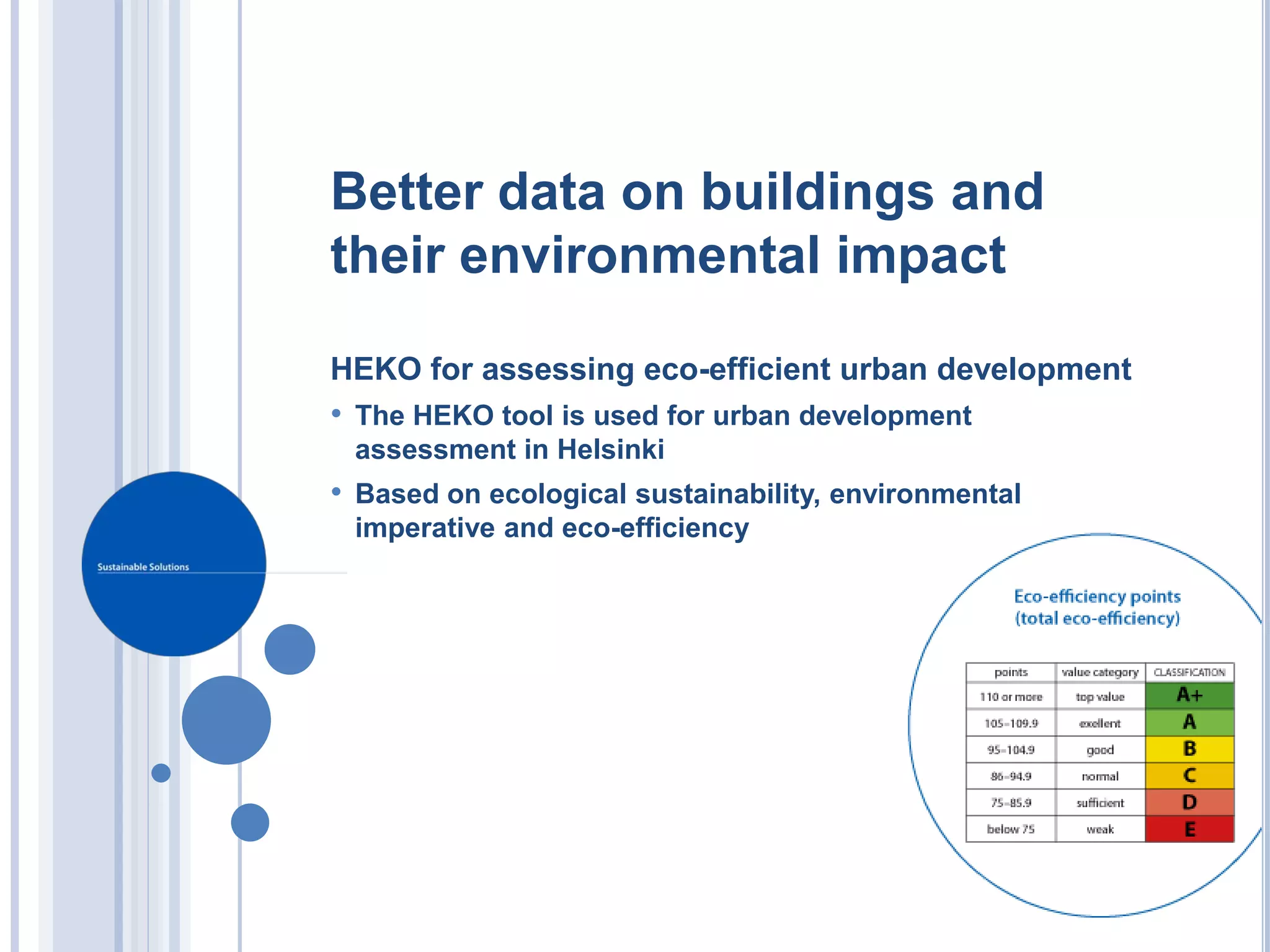 Better data on buildings and
their environmental impact

HEKO for assessing eco-efficient urban development
• The HEKO tool is used for urban development
 assessment in Helsinki
• Based on ecological sustainability, environmental
 imperative and eco-efficiency
 