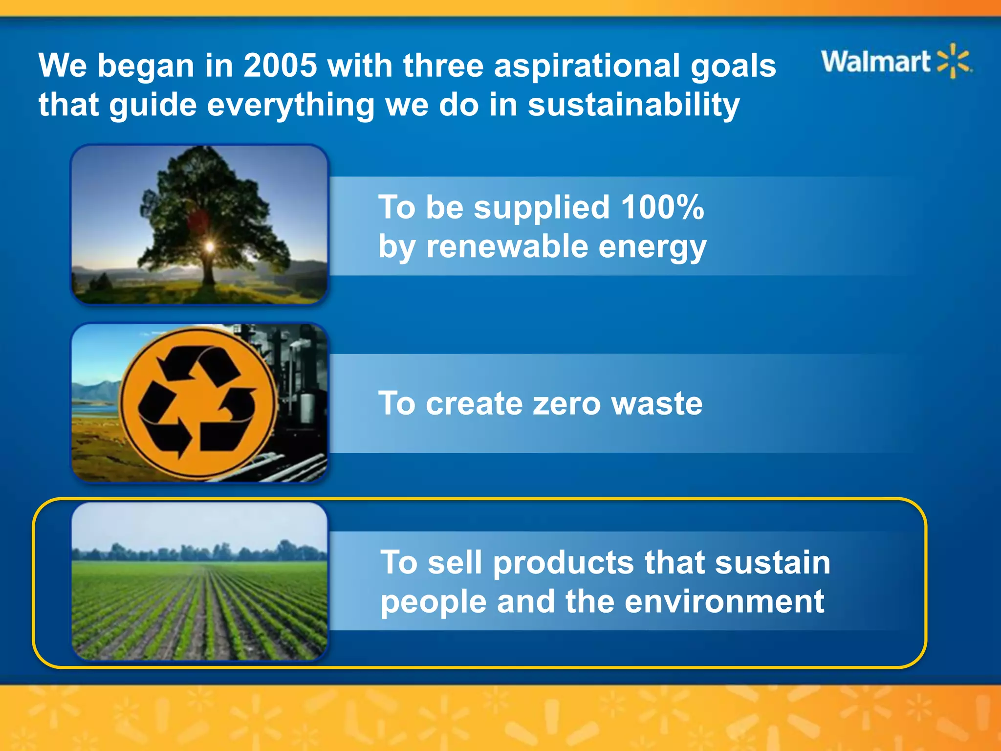 We began in 2005 with three aspirational goals
that guide everything we do in sustainability


                     To be supplied 100%
                     by renewable energy



                     To create zero waste



                     To sell products that sustain
                     people and the environment
 