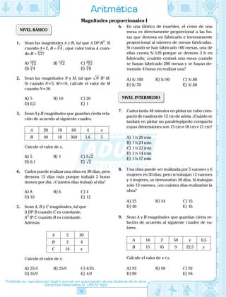 9
Prohibida su reproducción total o parcial sin autorización de los titulares de la obra.
Derechos reservados D. LEG Nº 822
Aritmética
Magnitudes proporcionales I
NIVEL BÁSICO
1.	 Sean las magnitudes A y B, tal que A DP B2
. Si
cuando A=2, B = 43
, ¿qué valor toma A cuan-
do B = 25
?
A)	 210
	 B)	 215
	 C)	 220
D)	 45
			 E)	 85
2.	 Sean las magnitudes N y M, tal que N IP M.
Si cuando N=5, M=10, calcule el valor de M
cuando N=20.
A)	5	 B)	10	 C)	20
D)	0,2			 E)	1
3.	 Sean A y B magnitudes que guardan cierta rela-
ción de acuerdo al siguiente cuadro.
A 20 10 60 4 x
B 40 10 360 1,6 5
	 Calcule el valor de x.
A)	5	 B)	1	 C)	5 2￼
D)	0,1			 E)	 2
4.	 Carlos puede realizar una obra en 30 días, pero
demora 15 días más porque trabajó 2 horas
menos por día. ¿Cuántos días trabajó al día?
A)	8	 B)	6	 C)	4
D)	10			 E)	12
5.	 Sean A, B y C magnitudes, tal que
A DP B cuando C es constante.
A2
IP C cuando B es constante.
	 Además
A 5 30
B 2 4
C 16 x
	 Calcule el valor de x.
A)	25/4	 B)	25/9	 C)	4/25
D)	16/9			 E)	4/9
6.	 En una fábrica de muebles, el costo de una
mesa es directamente proporcional a las ho-
ras que demora en fabricarla e inversamente
proporcional al número de mesas fabricadas.
Si cuando se han fabricado 100 mesas, una de
ellas cuesta S/.120 porque se demora 3 h en
fabricarla; ¿cuánto costará una mesa cuando
se hayan fabricado 200 mesas y se hayan de-
morado 4 horas en realizar una?
A)	S/.100	 B)	S/.90	 C)	S/.80
D)	S/.70			 E)	S/.60
NIVEL INTERMEDIO
7.	 Carlos tarda 48 minutos en pintar un cubo com-
pacto de madera de 12 cm de arista. ¿Cuánto se
tardará en pintar un paralelepípedo compacto
cuyas dimensiones son 15 cm×18 cm×12 cm?
A)	1 h 20 min	
B)	1 h 24 min	
C)	1 h 22 min
D)	1 h 14 min			
E)	1 h 17 min
8.	 Una obra puede ser realizada por 5 varones y 6
mujeres en 30 días; pero si trabajan 12 varones
y 4 mujeres, se demorarían 20 días. Si trabajan
solo 13 varones, ¿en cuántos días realizarían la
obra?
A)	25	 B)	24	 C)	35
D)	40			 E)	45
9.	 Sean A y B magnitudes que guardan cierta re-
lación de acuerdo al siguiente cuadro de va-
lores.
A 18 2 50 x 0,5
B 15 45 9 22,5 y
	 Calcule el valor de x+y.
A)	95	 B)	98	 C)	92
D)	90			 E)	94
 
