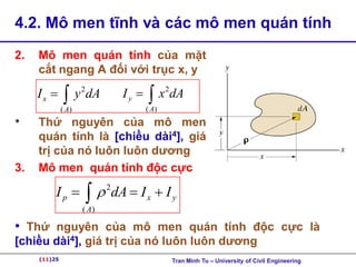 (11)25
4.2. Mô men tĩnh và các mô men quán tính
2. Mô men quán tính của mặt
cắt ngang A đối với trục x, y
• Thứ nguyên của mô men
quán tính là [chiều dài4], giá
trị của nó luôn luôn dương
3. Mô men quán tính độc cực
2
( )
x
A
I y dA
 
2
( )
y
A
I x dA
 
2
( )
p x y
A
I dA I I

  

• Thứ nguyên của mô men quán tính độc cực là
[chiều dài4], giá trị của nó luôn luôn dương
(11)25 Tran Minh Tu – University of Civil Engineering
 