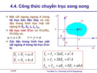 (15)25
4.4. Công thức chuyển trục song song
 Mặt cắt ngang ngang A trong
hệ trục ban đầu Oxy có các
đặc trưng hình học mặt cắt
ngang là Sx, Sy, Ix, Iy, Ixy.
 Hệ trục mới O'uv có O'u//Ox,
O'v//Oy và:
 Các đặc trưng hình học mặt
cắt ngang A trong hệ trục O'uv
là:
u x b
  v y a
  x
y
A
O
u
v
a
b
dA
x
u
y
v
.
u x
S S a A
 
.
v y
S S b A
 
2
2
u x x
I I aS a A
  
2
2
v y y
I I bS b A
  
uv xy y x
I I aS bS abA
   
(15)25 Tran Minh Tu – University of Civil Engineering
 