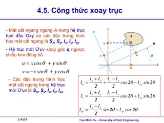 (18)25
4.5. Công thức xoay trục
- Mặt cắt ngang ngang A trong hệ trục
ban đầu Oxy có các đặc trưng hình
học mặt cắt ngang là Sx, Sy, Ix, Iy, Ixy.
- Hệ trục mới O'uv xoay góc q ngược
chiều kim đồng hồ u
x
y
v
u xcos y sin
v x sin ycos
 
 
 
  
- Các đặc trưng hình học
mặt cắt ngang trong hệ trục
mới O'uv là Su, Sv, Iu, Iv, Iuv
x y x y
u xy
x y x y
v xy
x y
uv xy
I I I I
I cos I sin
I I I I
I cos I sin
I I
I sin I cos
 
 
 
 
  
 
  

 
2 2
2 2
2 2
2 2
2 2
2
(18)25 Tran Minh Tu – University of Civil Engineering
 