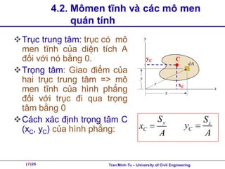 (7)25
4.2. Mômen tĩnh và các mô men
quán tính
Trục trung tâm: trục có mô
men tĩnh của diện tích A
đối với nó bằng 0.
Trọng tâm: Giao điểm của
hai trục trung tâm => mô
men tĩnh của hình phẳng
đối với trục đi qua trọng
tâm bằng 0
Cách xác định trọng tâm C
(xC, yC) của hình phẳng:
y
C
S
x
A
 x
C
S
y
A

xC
yC C
(7)25 Tran Minh Tu – University of Civil Engineering
 
