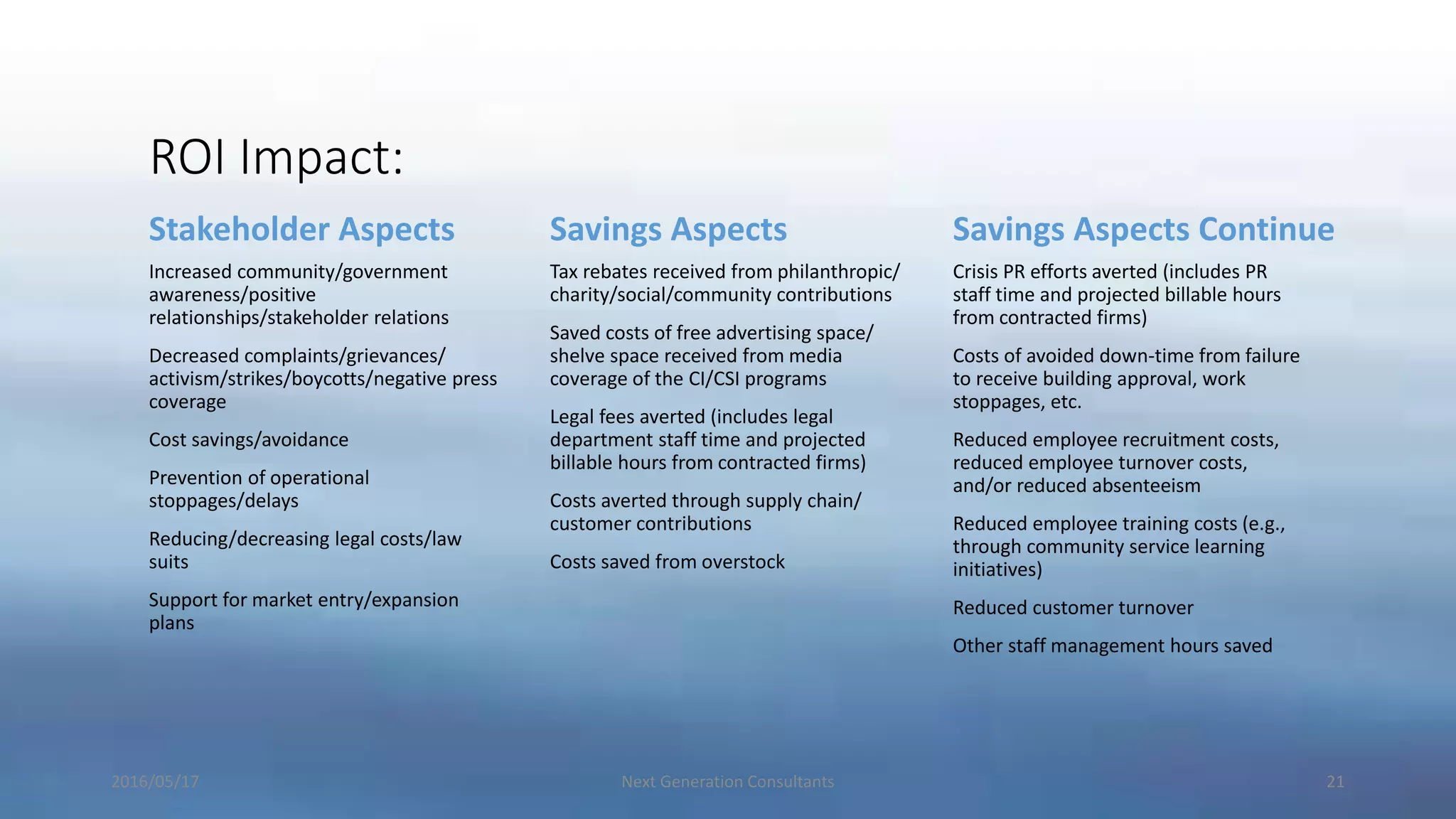 ROI Impact:
Stakeholder Aspects
Increased community/government
awareness/positive
relationships/stakeholder relations
Decreased complaints/grievances/
activism/strikes/boycotts/negative press
coverage
Cost savings/avoidance
Prevention of operational
stoppages/delays
Reducing/decreasing legal costs/law
suits
Support for market entry/expansion
plans
Savings Aspects
Tax rebates received from philanthropic/
charity/social/community contributions
Saved costs of free advertising space/
shelve space received from media
coverage of the CI/CSI programs
Legal fees averted (includes legal
department staff time and projected
billable hours from contracted firms)
Costs averted through supply chain/
customer contributions
Costs saved from overstock
Savings Aspects Continue
Crisis PR efforts averted (includes PR
staff time and projected billable hours
from contracted firms)
Costs of avoided down-time from failure
to receive building approval, work
stoppages, etc.
Reduced employee recruitment costs,
reduced employee turnover costs,
and/or reduced absenteeism
Reduced employee training costs (e.g.,
through community service learning
initiatives)
Reduced customer turnover
Other staff management hours saved
2016/05/17 Next Generation Consultants 21
 