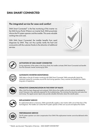 SMA Smart Connected
The integrated service for ease and comfort
SMA Smart Connected* is the free monitoring of the inverter via
the SMA Sunny Portal. If there is an inverter fault, SMA proactively
informs the PV system operator and the installer. This saves valuable
working time and costs.
With SMA Smart Connected, the installer benefits from rapid
diagnoses by SMA. They can thus quickly rectify the fault and
score points with the customer thanks to the attraction of additional
services.
Activation of SMA SMART CONNECTED
During registration of the system in the Sunny Portal, the installer activates SMA Smart Connected and benefits
from the automatic inverter monitoring by SMA.
Automatic inverter monitoring
SMA takes on the job of inverter monitoring with SMA Smart Connected. SMA automatically checks the
individual inverters for anomalies around the clock during operation. Every customer thus benefits from SMA’s
long years of experience.
Proactive communication in the event of faults
After a fault has been diagnosed and analyzed, SMA informs the installer and end customer immediately by
e-mail. Everyone is thus optimally prepared for the troubleshooting. This minimizes the downtime and saves time
and money. The regular power reports also provide valuable information about the overall system.
Replacement service
If a replacement device is necessary, SMA automatically supplies a new inverter within one to three days of the
fault diagnosis. The installer can contact the PV system operator of their own accord and replace the inverter.
PERFORMANCE SERVICE
The PV system operator can claim compensation from SMA if the replacement inverter cannot be delivered within
three days.
* Details: see document “Description of Services – SMA SMART CONNECTED”
 