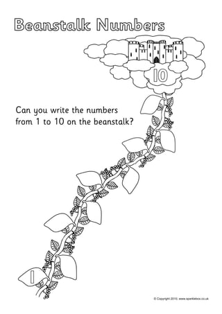 Beanstalk Numbers


                                 I0
Can you write the numbers
from 1 to 10 on the beanstalk?




   I
                                 © Copyright 2010, www.sparklebox.co.uk
 