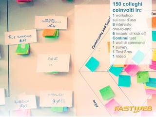 150 colleghi 
coinvolti in: 
1 workshop 
sui casi d’uso 
8 interviste 
one-to-one 
6 incontri di kick off 
Continui test 
1 wall di commenti 
1 survey 
1 Test Sms 
1 Video 
 