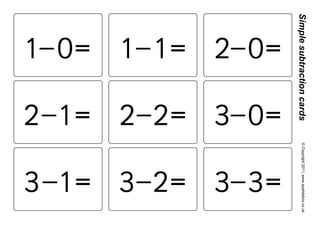 Simple subtraction cards
1– 0 = 1 – 1 = 2 – 0 =

2 – 1 = 2 – 2 = 3– 0 =




                                   © Copyright 2011, www.sparklebox.co.uk
3 –1 = 3 – 2 = 3 – 3 =
 