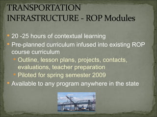 20 -25 hours of contextual learning Pre-planned curriculum infused into existing ROP course curriculum Outline, lesson plans, projects, contacts, evaluations, teacher preparation Piloted for spring semester 2009 Available to any program anywhere in the state 