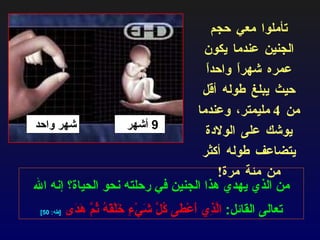 9  أشهر شهر واحد تأملوا معي حجم الجنين عندما يكون عمره شهراً واحداً حيث يبلغ طوله أقل من  4  مليمتر، وعندما يوشك على الولادة يتضاعف طوله أكثر من مئة مرة ! من الذي يهدي هذا الجنين في رحلته نحو الحياة؟ إنه الله تعالى القائل :  الَّذِي أَعْطَى كُلَّ شَيْءٍ خَلْقَهُ ثُمَّ هَدَى   [ طه : 50] 
