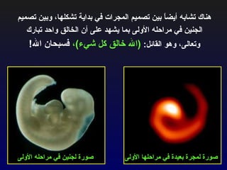 هناك تشابه أيضاً بين تصميم المجرات في بداية تشكلها، وبين تصميم الجنين في مراحله الأولى بما يشهد على أن الخالق واحد تبارك وتعالى، وهو القائل :  ( الله خالق كل شيء ) ،  فسبحان الله ! صورة لمجرة بعيدة في مراحلها الأولى صورة لجنين في مراحله الأولى 