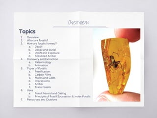 Topics 
1. Overview 
2. What are fossils? 
3. How are fossils formed? 
a. Death 
b. Decay and Burial 
c. Uplift and Exposure 
d. Fossilized Amber 
4. Discovery and Extraction 
a. Paleontology 
b. Animation 
5. Types of Fossils 
a. Petrification 
b. Carbon Films 
c. Molds and Casts 
d. Impressions 
e. Amber 
f. Trace Fossils 
6. Uses 
a. Fossil Record and Dating 
b. Principle of Fossil Succession & Index Fossils 
7. Resources and Citations 
Overview 
 