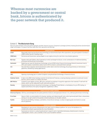 featurestitleofthearticle
6
Whereas most currencies are
backed by a government or central
bank, bitcoin is authenticated by
the peer network that produced it.
Exhibit 2: The Blockchain Gang
Here are some examples of the early efforts by banks and other financial-services companies to prototype activities involving blockchain and distributed
ledger technology, or to explore how they might affect their operations and offerings.
BANKING SERVICES
TRANSACTION AND PAYMENT SERVICES
TECHNOLOGY COMPANIES
Source: Strategy&
Reportedly exploring how blockchain technology can decentralize back-office operations; also participated in Coinbase’s
US$75 million Series C funding round
Partnered with blockchain startup Ripple to use cryptocurrency for real-time cross-border payments
Signed a deal with Safello, which operates an online exchange for bitcoin, to test combinations of traditional banking
processes and blockchain technologies
Exploring use cases for blockchain technology; set up a $100 million financial technology (fintech) investment fund in
2014 and created a multimillion-dollar fund in 2015 to invest in and build fintech startups
Has built three separate internal blockchains within labs to test the technology, focusing primarily on international
payments, followed by trading applications
Opening a technology lab in London to explore using blockchain technology in financial services
In April, led a $50 million funding round for Circle Internet Financial, a startup allowing customers to send and receive
bitcoins, and to convert U.S. dollars into them
Created its own digital currency, BK coins, and built an employee recognition application that rewards IT staff with the
tokens, which can be redeemed for gift cards and vouchers
Implementing the bitcoin blockchain technology in its Nasdaq Private Market, a marketplace for pre-IPO trading, to
expand and enhance the equity management capabilities it offers
CEO has acknowledged the disruptive potential of bitcoin and expressed interest in its underlying blockchain technology
Owner of Gyft, an online platform for buying, sending, and redeeming gift cards, which partnered with Chain, a blockchain
startup, to run gift cards for thousands of small businesses on the peer network
Partnered with BitPay, Coinbase, and GoCoin, three bitcoin startups, to allow its digital goods merchants to accept
bitcoin payments
Developing its own version of blockchain as an open-source software platform, for use as the backbone of a
collaborative network sponsored by the Linux Foundation
Expressed an interest in conducting blockchain research and is reportedly developing related projects involving
cryptographic researc; also a member of the Linux Foundation network
USAA
CBW Bank
Barclays
Santander
Citi
UBS
Goldman Sachs
BNY Mellon
Nasdaq
American Express
First Data
PayPal
IBM
Intel
INVESTMENT SERVICES AND CAPITAL MARKETS
featuretechnology
6
 