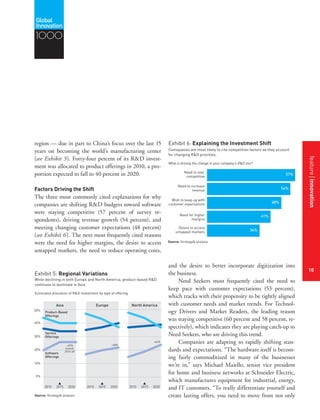 featurestitleofthearticle
10
Source: Strategy& analysis
Exhibit 6: Explaining the Investment Shift
Companies are most likely to cite competition factors as they account for
changing R&D priorities.
What is driving the change in your company’s R&D mix?
Need to stay
competitive
Need to increase
revenue
Wish to keep up with
customer expectations
Need for higher
margins
Desire to access
untapped markets
57%
54%
48%
41%
34%
Exhibit 5: Regional Variations
While declining in both Europe and North America, product-based R&D
continues to dominate in Asia.
Estimated allocation of R&D investment by type of offering
Asia
2010 20202015
Europe
2010 20202015
North America
2010 20202015
Source: Strategy& analysis
0%
10%
20%
30%
40%
50%
Software
Offerings
Product-Based
Offerings
+63%
+28%
Service
Offerings
+33%
Growth
2010–20
region — due in part to China’s focus over the last 15
years on becoming the world’s manufacturing center
(see Exhibit 5). Forty-four percent of its R&D invest-
ment was allocated to product offerings in 2010, a pro-
portion expected to fall to 40 percent in 2020.
Factors Driving the Shift
The three most commonly cited explanations for why
companies are shifting R&D budgets toward software
were staying competitive (57 percent of survey re-
spondents), driving revenue growth (54 percent), and
meeting changing customer expectations (48 percent)
(see Exhibit 6). The next most frequently cited reasons
were the need for higher margins, the desire to access
untapped markets, the need to reduce operating costs,
and the desire to better incorporate digitization into
the business.
Need Seekers most frequently cited the need to
keep pace with customer expectations (53 percent),
which tracks with their propensity to be tightly aligned
with customer needs and market trends. For Technol-
ogy Drivers and Market Readers, the leading reason
was staying competitive (60 percent and 58 percent, re-
spectively), which indicates they are playing catch-up to
Need Seekers, who are driving this trend.
Companies are adapting to rapidly shifting stan-
dards and expectations. “The hardware itself is becom-
ing fairly commoditized in many of the businesses
we’re in,” says Michael Maiello, senior vice president
for home and business networks at Schneider Electric,
which manufactures equipment for industrial, energy,
and IT customers. “To really differentiate yourself and
create lasting offers, you need to move from not only
1000
featureinnovation
10
 